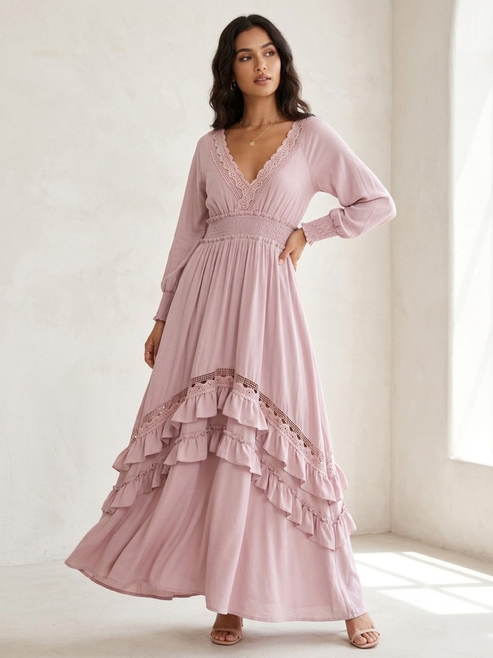 Baltic Born Dusty Rose V-Neck Ruffle Maxi Dress